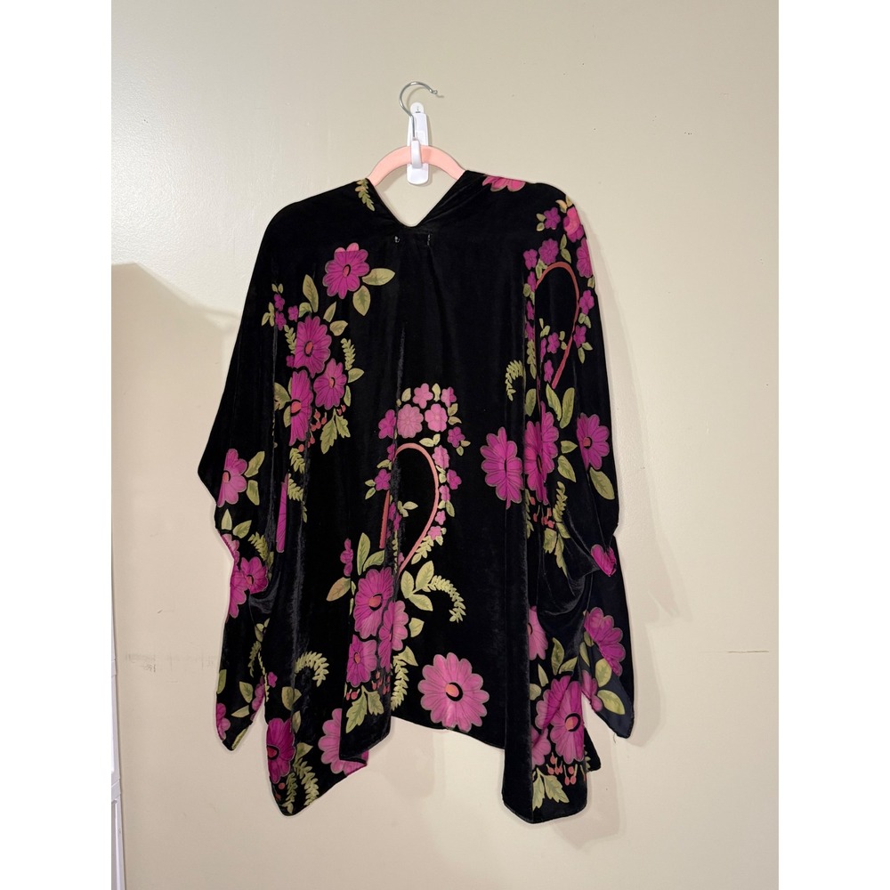 Woven Heart Boho Black Velvet Floral Kimono Wrap Open Front Cardigan Top OS
